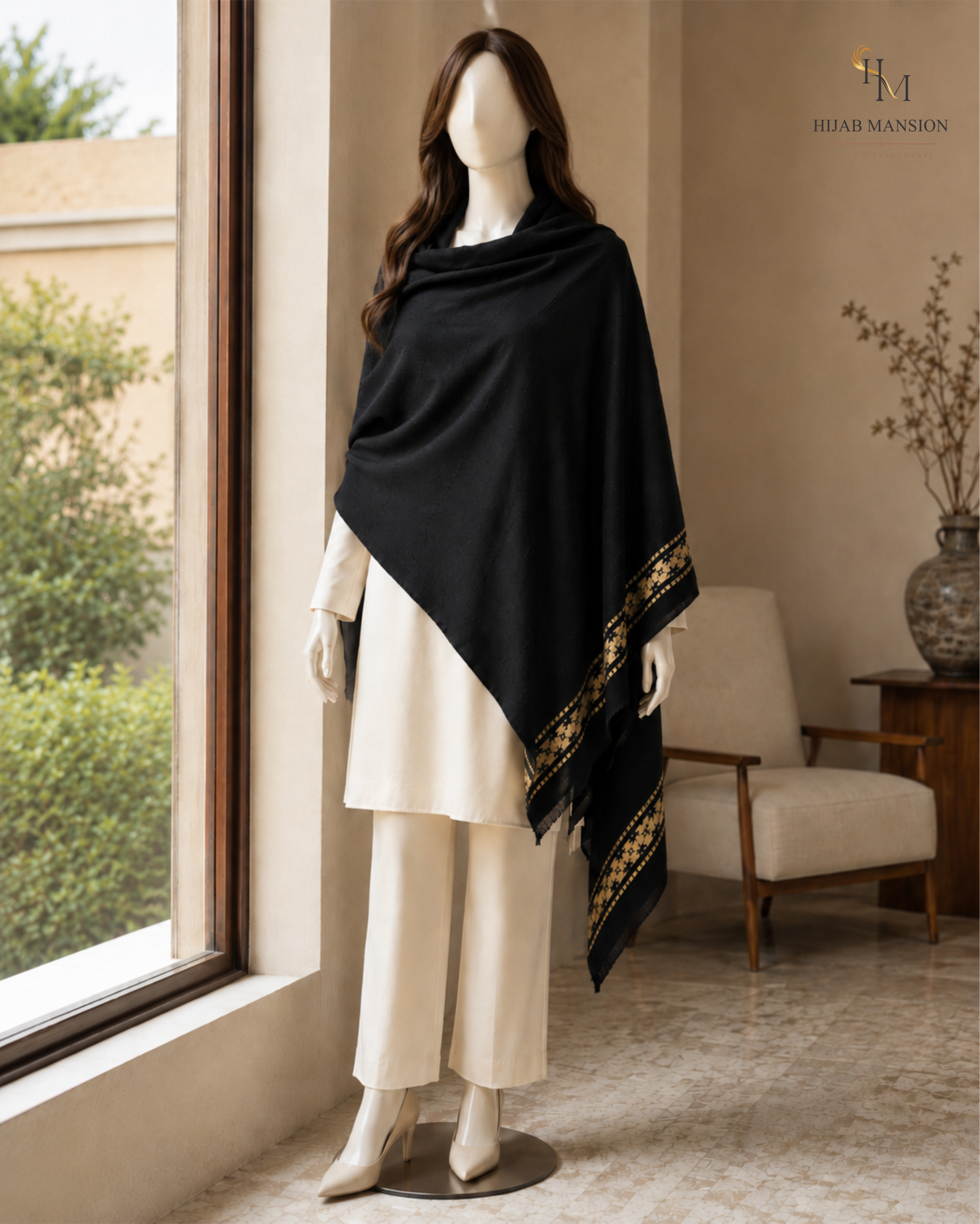 Lawn Gold Border 1 Black Lawn Tarkashi Chaddar with Golden Border