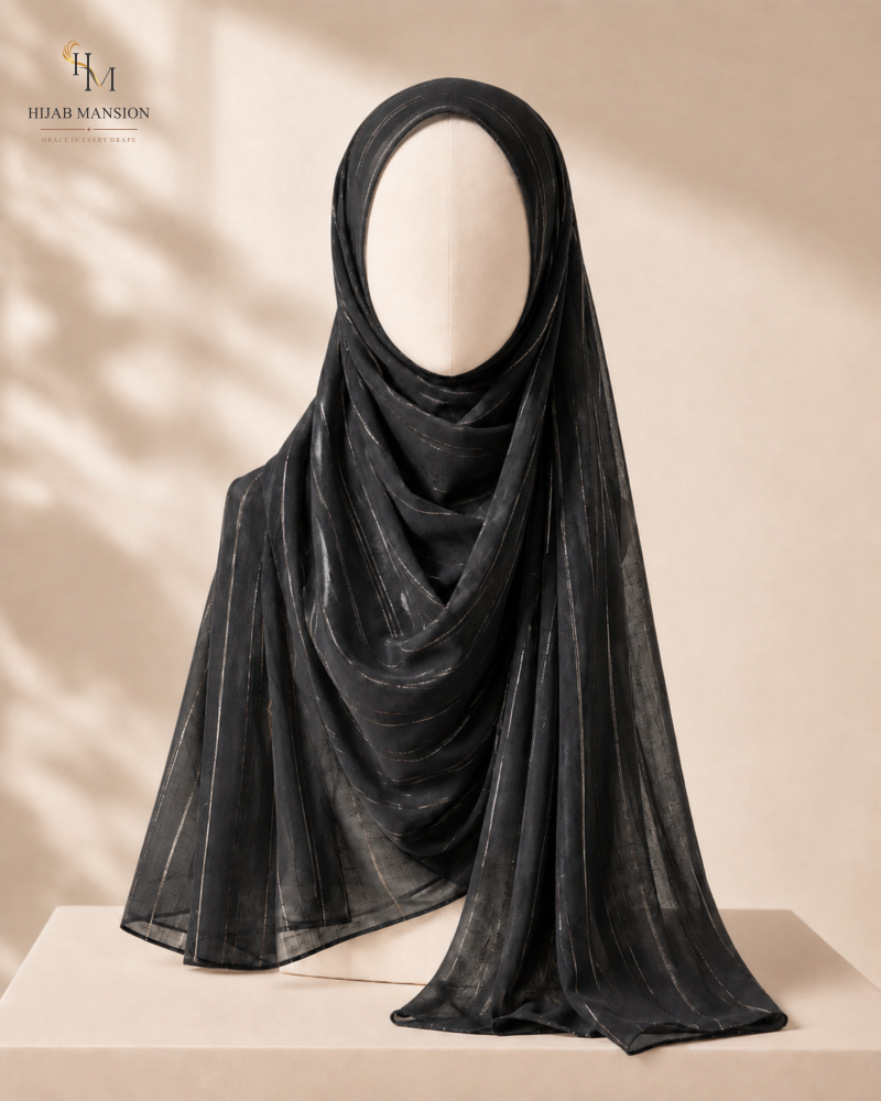 Midnight Black Lawn Zari Tilla Hijab